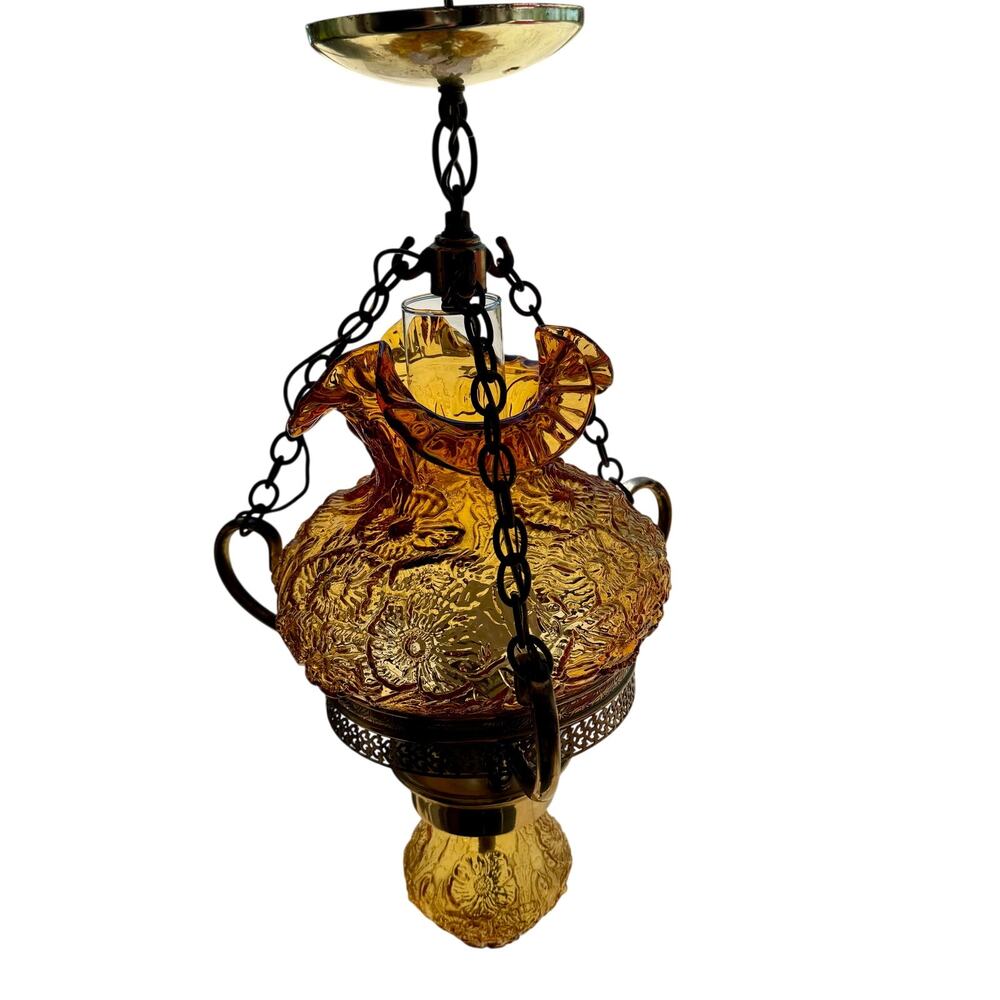 Antique Atlas Lighting Amber Glass slag hanging light lamp, MCM Rare vintage
